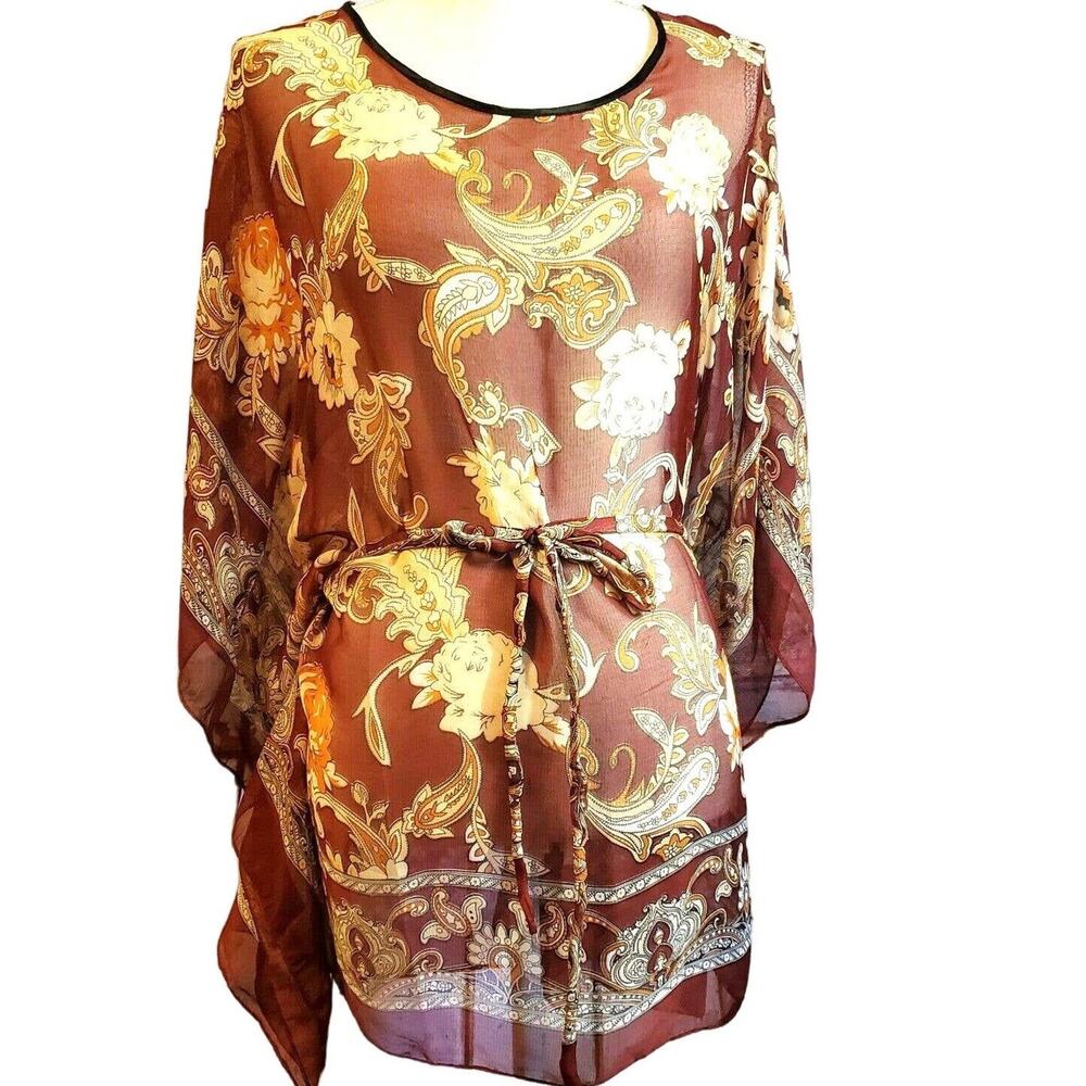 iB Diffusion Sheer Tunic Top Size S Dark Maroon Retro 90s 20s Flapper New Belted